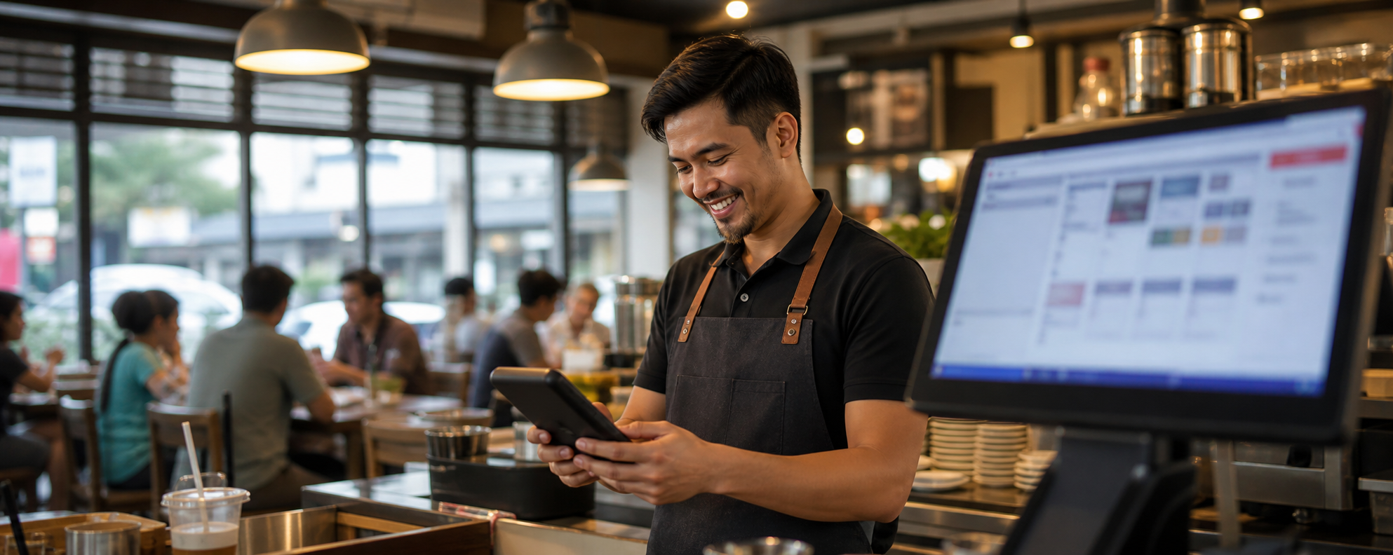 Malaysian cafe staff using POS system for e-invoice operations