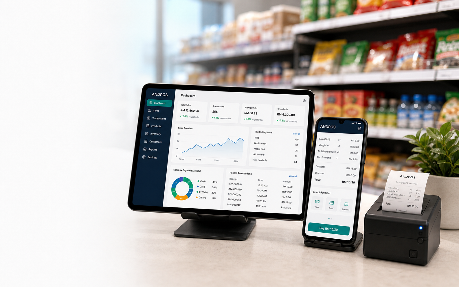 ANDPOS running on Android tablet and Android mobile phone for a low-cost business POS setup