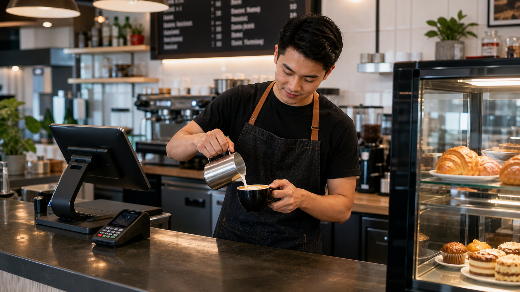 Cafe staff preparing drinks behind a counter